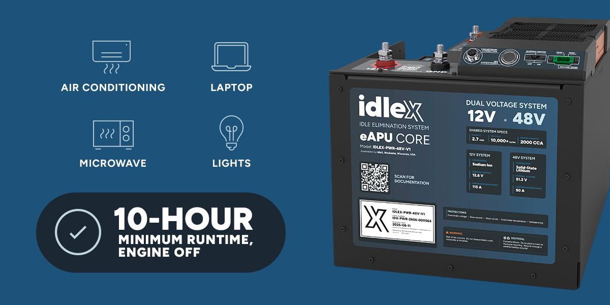 IdleX eAPU Core - image of product and features. - Highlights 10-hour minimum runtime with engine off.