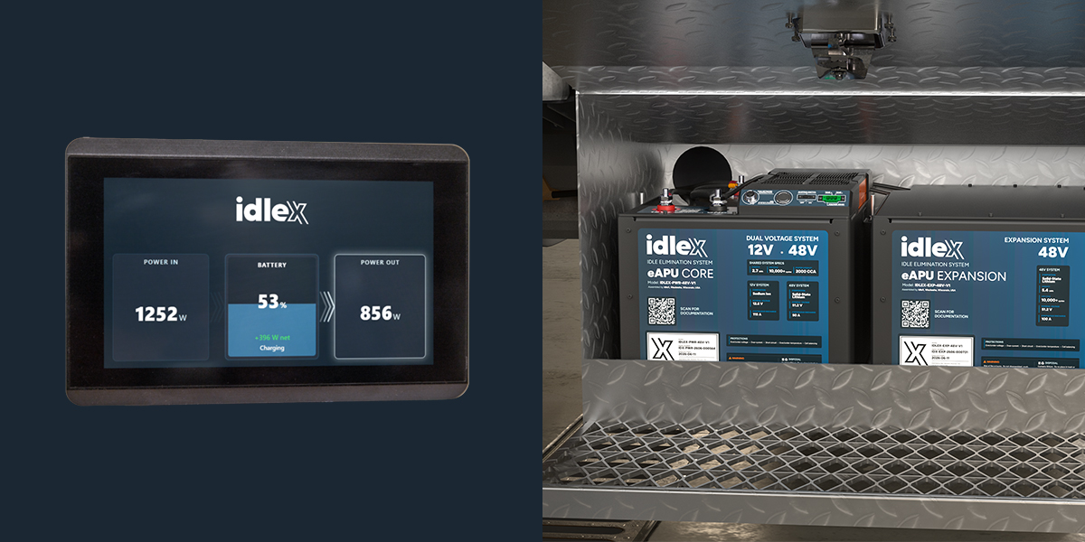 Side-by-side image - IdleX touchscreen control pannel on the left. IdleX core system and eAPU expansion battery installed in a truck on the right